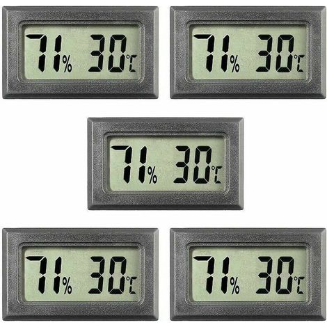 Set mit 5 Mini-Digitalthermometern – für Innentemperatur und Luftfeuchtigkeit. Schwarz. – Crezuo