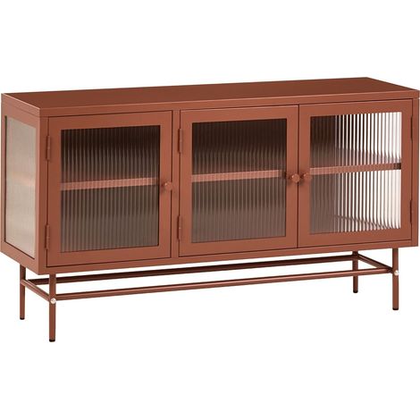 Commode Moderne Acier Verre Cannelé 3 Portes Étagères Réglables Marron Doré Devon (1/5)