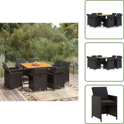 9-tlg. Garten-Essgruppe mit Kissen Poly Rattan Schwarz - Outdoor Möbel - Gartenmöbel Set - Esstisch - Gartensessel - Rattan Gartenmöbel (1/5)