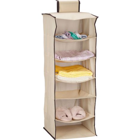 Relaxdays Hanging Shelf for Wardrobe, 6 Compartments, Fabric Storage, HxWxD: 96 x 32 x 31 cm, Clothes Organiser, Beige