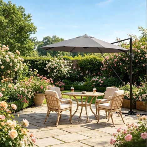 Parasol déporté de jardin en métal gris foncé, toile polyester UPF 50+, inclinable 5 positions et rotatif 360°, avec base croisée (1/5)