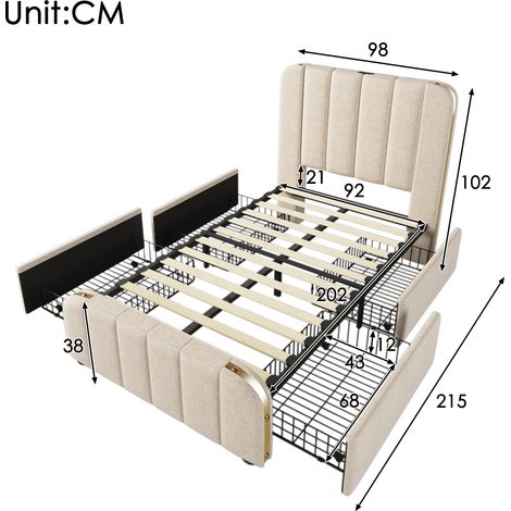 Lit simple rembourré, tête de lit rembourrée avec bandes décoratives dorées et fonction de charge USB Type-C 90200 cm, tissu beige en lin avec 4 tiroirs (sans matelas)
