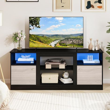 COSTWAY Meuble TV LED 147 cm, Meuble TV Cheminée pour TV jusqu'à 65 Pouces, 2 Armoires, Compartiments Ouverts, Porte Magnétique, Design Moderne pour Salon, Noir (1/5)
