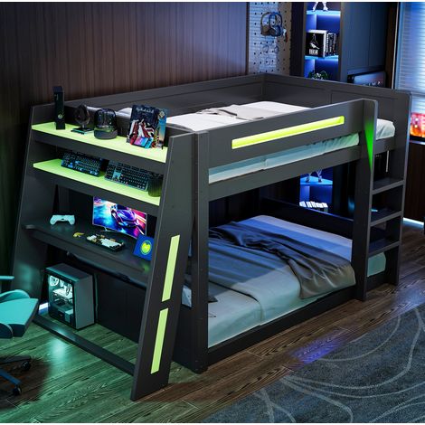 Lit superposé 140x200 cm avec bureau, rangements, ports USB et LED, en bois, noir, sans matelas (1/5)