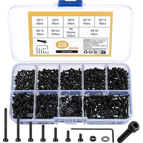 Lot de 820 vis M2 à six pans creux, vis à métaux hexagonales en acier carbone 12,9, assortiment d'écrous et rondelles avec clés (Noir) (1/5)