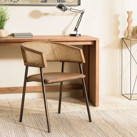 MARCEL - Lot de 2 fauteuils assise cuir dossier bois manguier / rotin (1/5)