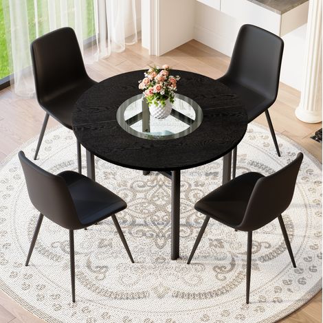 Conjunto de mesa redonda minimalista con 4 sillas negras de PU, mesa de 100 cm efecto madera negra (1/5)