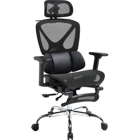 Wahson Bürostuhl, Ergonomisch Schreibtischstuhl mit Verstellbarer Kopfstütze, Drehstuhl mit Armlehnen und Lendenwirbelstütze, Schwarz (1/5)