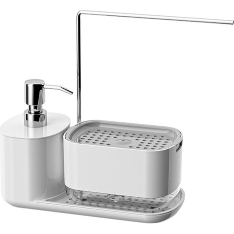 Distributeur De Savon Main Et Vaisselle - Plateau Organisateur Avec Support Éponge Et Chiffon - Blanc - 23 x 10,8 x 15 cm - 1 Pièce (1/5)