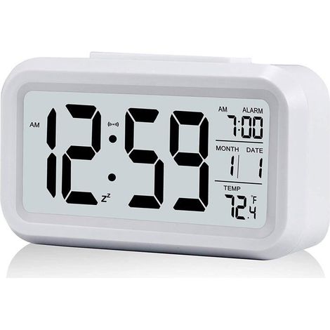 Digitaler Wecker, batteriebetrieben, geräuschlos, großes LED-Display, Temperaturanzeige, Kalender (weiß) (1/5)