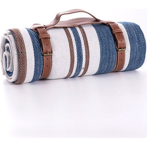 Grande couverture de pique-nique imperméable 200 x 200 cm pour 3 à 8 personnes, pliable avec poignée en PU, couverture anti-sable pour plage, camping et jardin, bleu foncé (1/5)