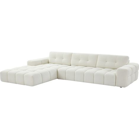Vente-Unique – Canapé d'angle gauche 5 places en tissu bouclette blanc – Structure bois – Déhoussable – Garnissage mousse polyuréthane – 278 cm
