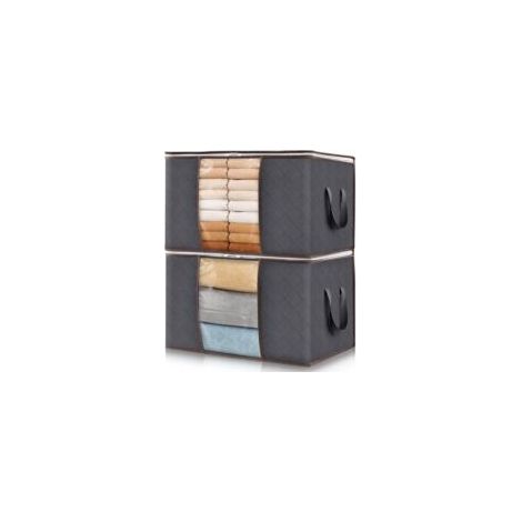 Un juego de dos cajas de almacenamiento plegables con tapa y ventana transparente, ideales para guardar mantas, ropa y ropa de cama. Cuentan con asas reforzadas y están fabricadas con material Crezuo.