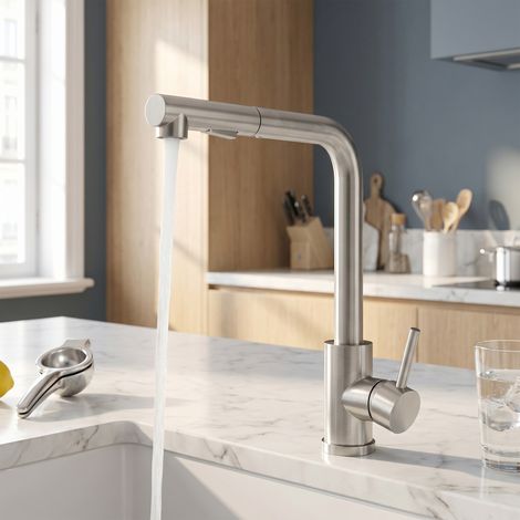 Robinet de cuisine Lavabo Moderne, Mitigeur Monocommande en Acier Inoxydable, Cartouche Céramique Silencieuse, Eau Chaude/Froide (1/5)