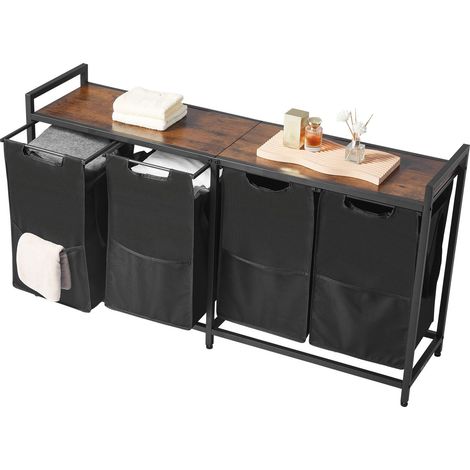 Trieur de linge 4 compartiments, grand panier à linge avec cadre métallique et plateau en bois, organisateur autonome avec sacs en tissu Oxford 600D extractibles pour vêtements sales, salle de bain. (1/5)