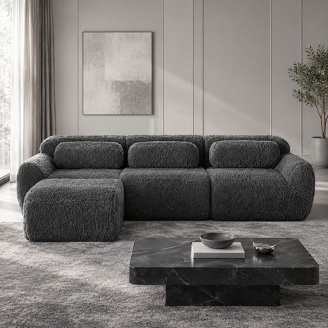 Divano angolare modulare a L con pouf, 291 x 179 x 73 cm, in tessuto peluche grigio REDOM (1/5)