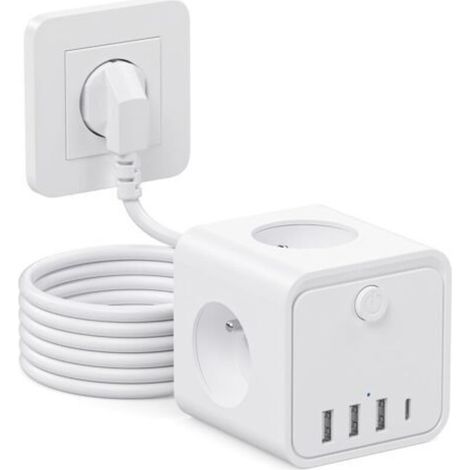Pr 7 in 1 Multiple USB Power Strip 3 Multiple Sockets with 1 Type C and 3 USB Ports, 1.5m Power Strip Cable with Surge Protector Switch (1/5)