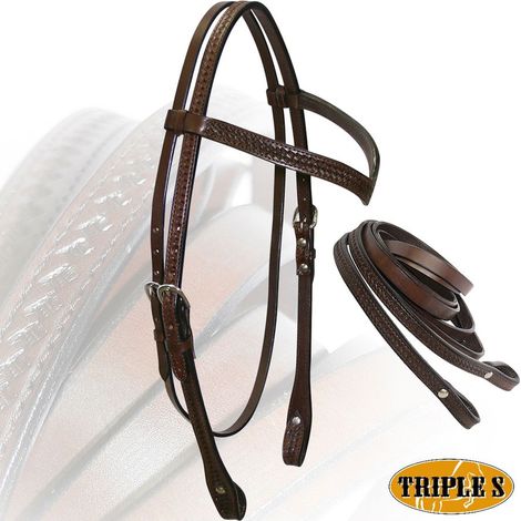 MARRONE - Briglia western in cuoio americano con frontalino a V finitura basket completa di redini