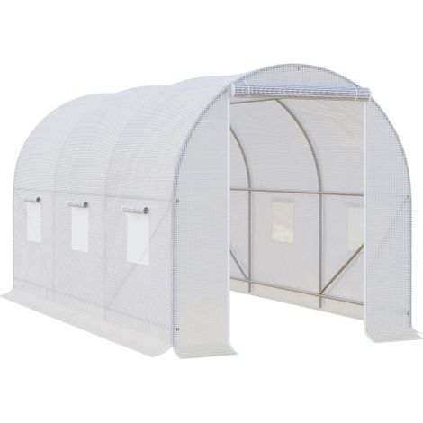3.5x2x2m Polytunnel Greenhouse,Walk-in Garden Greenhouse with Mesh Windows,Durable Galvanized Steel Frame,White