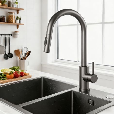 AICA Küchenarmatur mit 2 Wasserauslassmodi ausziehbarer Brause 363° drehbar Kalt Warmwasser einstellbar Edelstahl Armatur Gunmetal Grey (1/4)