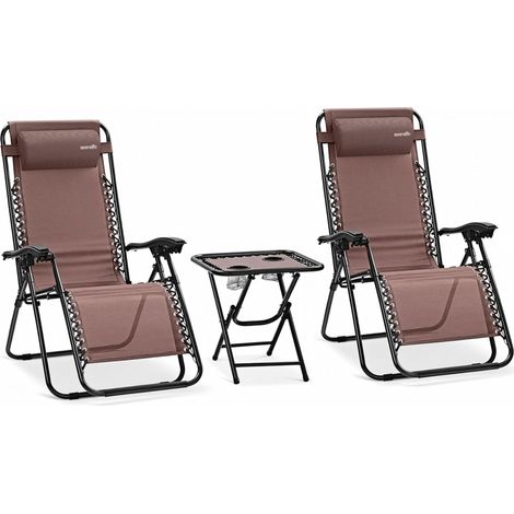 Set de 2 Chaises Pliantes - Chaise Longue Réglable pour Extérieur avec Table Latérale, Porte-Gobelets, Oreillers Amovibles - Patio, Jardin, Plage - Marron (1/5)