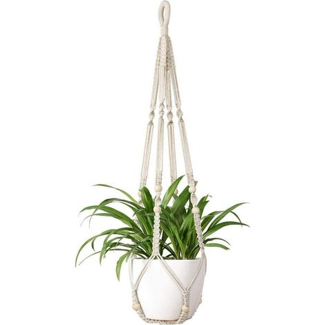 Suspendu Macramé Pot de Fleurs Porte-Plante en Coton Blanc, 105 cm, 4 Branches, Support de Pot à Fleurs, Crochet de Plante Murale (1/5)