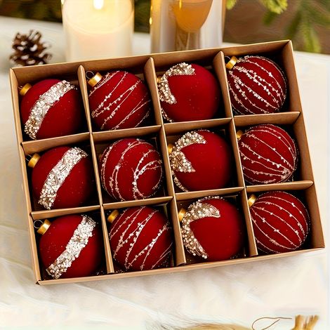 Set of 12 Flocked and Painted Christmas Baubles (Red) — Ideal for Decorating Christmas Trees, Weddings, and Other Festive Occasions (1/5)
