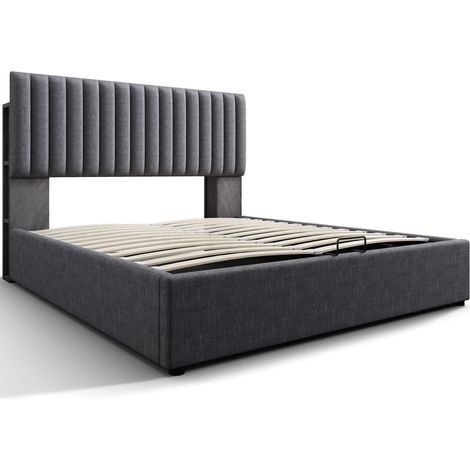 Letto matrimoniale imbottito 140x200 cm con contenitore, LED e porte USB Type-C, grigio (1/5)