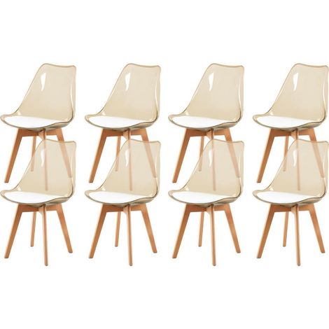 8er Set Esszimmerstühle Skandinavisch Transparent Braun mit Weißem PU-Leder Sitzkissen (1/5)