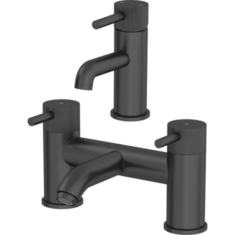 Fluted Bathroom Bath Filler Basin Mixer Tap Set Deck Mounted Round Modern Black (1/5)