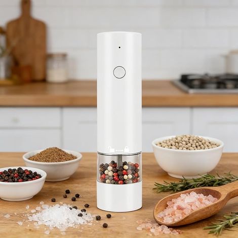 Macina sale e pepe elettrico ricaricabile, automatico, con macinatura regolabile, utilizzabile con una sola mano (bianco) (1/5)