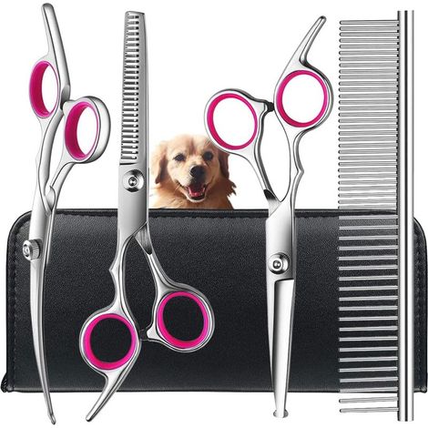 6 pièces Ciseaux de toilettage, ciseaux droits incurvés effileurs peigne étui cuir, pour chiens chats poils longs courts (1/5)