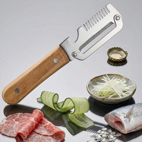 2026 Nouveau 5 en 1 Éplucheur de légumes multifonction pour la cuisine avec lame en acier inoxydable ultra-aiguisée et manche en bois ergonomique, Écailleur à Poisson et Coupe-Oignon (1pcs)