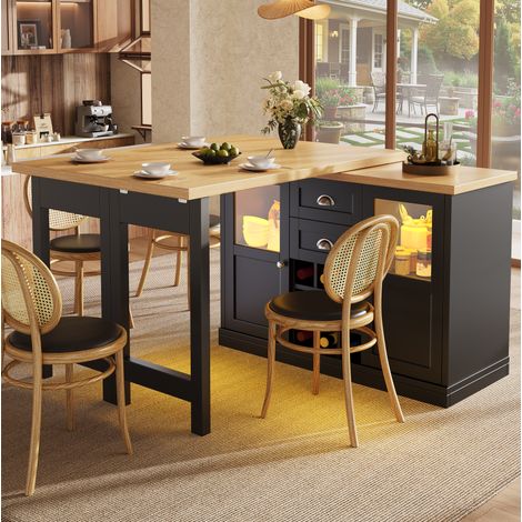 Mesa de comedor extensible, 120-197x40x72 cm, negra, iluminación LED, rotación 360°, almacenaje y soporte para vinos (1/5)