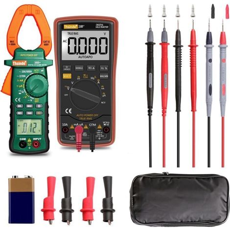 ALLIANDISMultimètre numérique à plage automatique et pince multimètre – avec sac de rangement, pinces crocodiles pour batterie, fils de test pour tension AC/DC/courant, alerte de tension, amplificateu