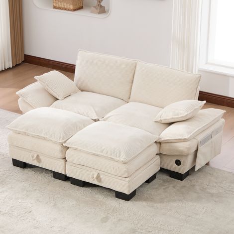 Sofá modular de 2 plazas 190x132x84 cm en pana beige con USB-C - MEUBLIV (1/5)