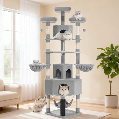 Arbre à Chat, 220 cm Grand Tour de Jeux pour Chat, avec Grande Grotte, 3 Perchoirs, 8 Griffoirs, Hamac, Panier, Poteau de Toilettage, Corde Épaisse en Sisal, Gris Clair (1/5)