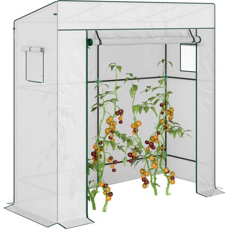 Serre de jardin murale adossée avec 1 porte enroulable, bâche PE renforcée, 2 fenêtres, dim. 196L x 77l x 197/178H cm