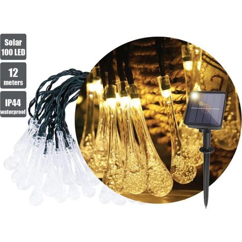 Guirlande lumineuse solaire extérieure de 12 m avec 100 LED, motif goutte d'eau, 8 modes d'éclairage, blanche et étanche. (1/5)