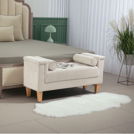 Banc rembourré en chenille beige avec accoudoirs, 2 coussins et pieds en bois OKWISH (1/5)