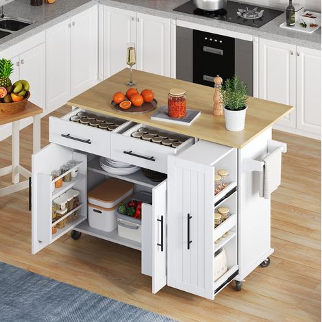 Isla de cocina con tapa abatible y ruedas, MDF blanco natural, 120 x 40/65 x 90 cm, OKWISH (1/5)