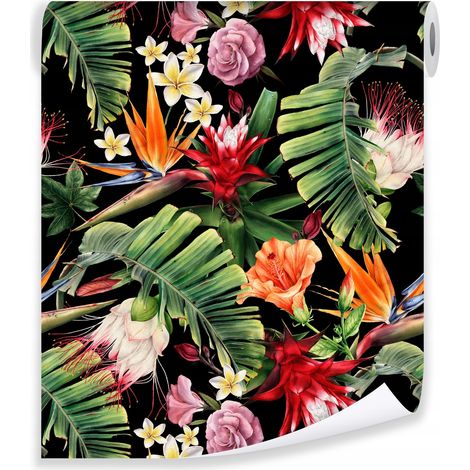 Papier peint feuilles fleurs fond noir déco murale salon – rouleau 0,5 x 10 m intissé Wallarena