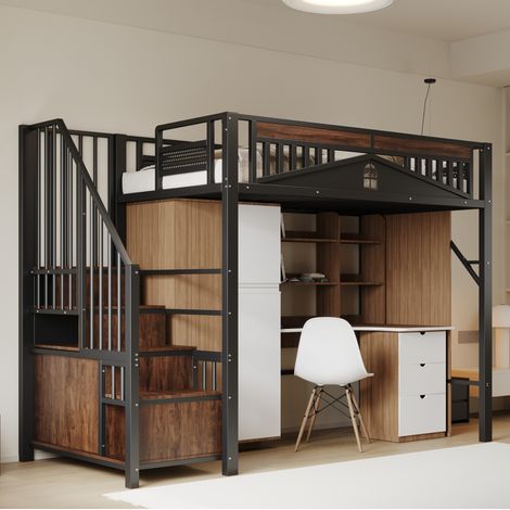 Lit mezzanine 90 x 200 cm en métal noir avec rangements intégrés et sécurité fenêtre (1/5)