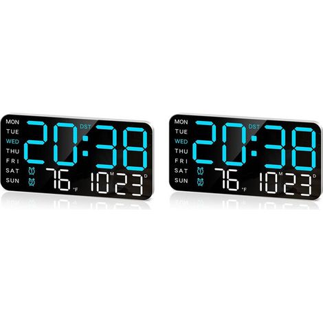 2X Horloge Murale Numérique de 8,4 Pouces, Réveil à LED avec Gros Chiffres, Date, Température, Heure D'Été, pour Chambre, Cadeau, Bleu