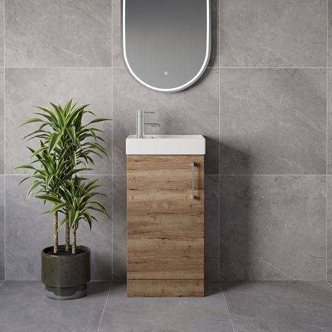 Napoli Cube Tobacco Oak 400mm Single Door Vanity Unit with Align Basin - 400mm - Chrome 160mm Handle