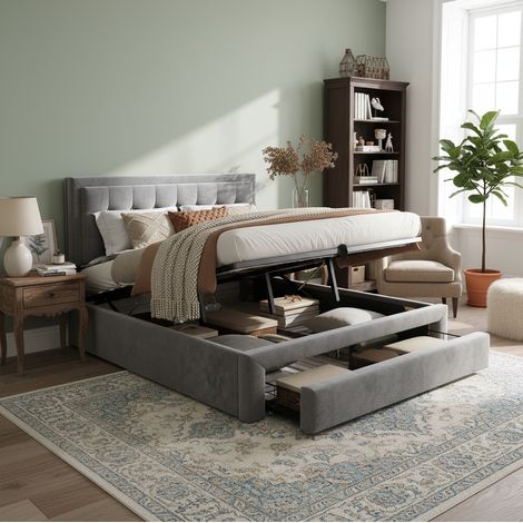 Cama 140x190 cm gris de terciopelo con almacenaje y 2 cajones, para orden, sin colchón – MEUBLIV (1/5)