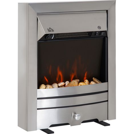 HOMCOM Electric Fireplace Stainless Steel 2KW Heater LED Fire Flame Silver (1/5)