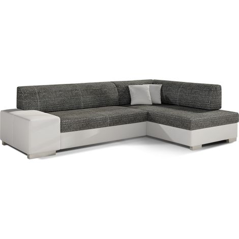 Canapé convertible angle droit simili cuir blanc et tissu noir chiné Polky 272cm (1/5)