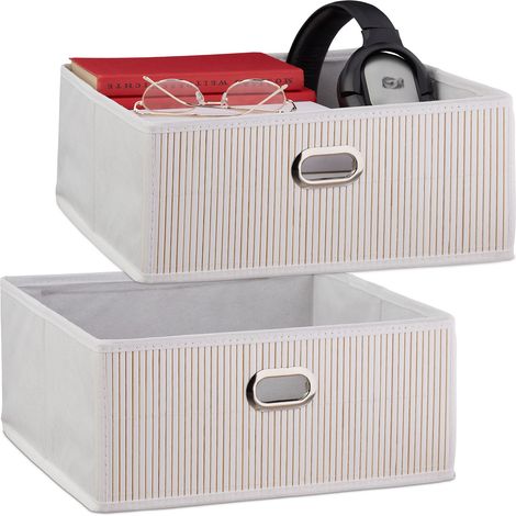 2 Cestos Almacenaje Bambú, Cestitas Cuadradas Tela Baño, Cajas Bajas Estante, 14 x 31 x 31 cm, Asa, Plegables, Blanco (1/5)