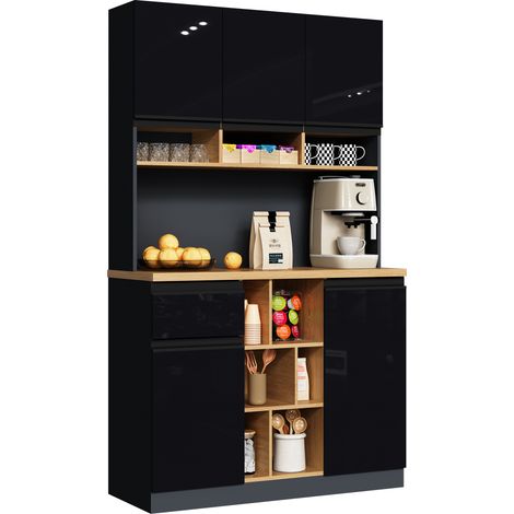 105×45×185 cm, meuble de cuisine moderne, buffet, bahut, gris et noir, poignées en métal, étagères réglables, tiroirs, espace de rangement ouvert, accessoires anti-basculement, adapté à la cuisine, au (1/5)